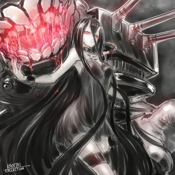 Anime picture 1500x1500 with kantai collection battleship-symbiotic hime misawa k looking at viewer open mouth black hair hair between eyes red eyes very long hair horn (horns) inscription teeth tattoo saliva serious oni horns shinkaisei-kan girl dress bracelet