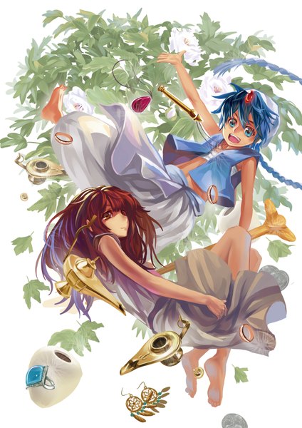 Anime picture 2480x3507 with magi the labyrinth of magic a-1 pictures morgiana aladdin (magi) xiamianliele (artist) long hair tall image highres open mouth blue eyes smile brown eyes blue hair red hair single braid girl boy plant (plants) earrings bracelet