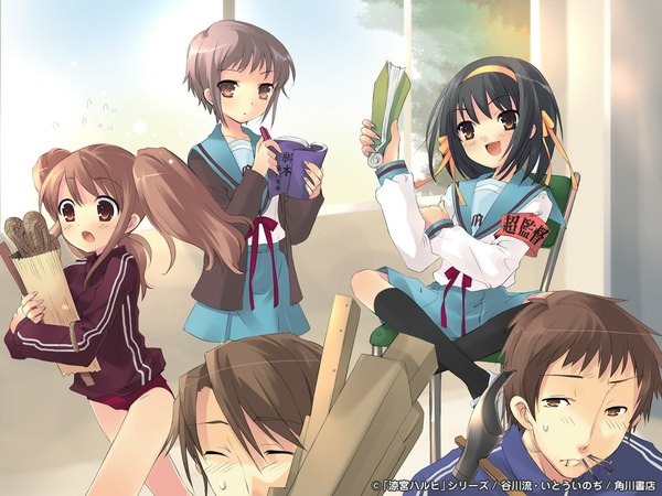 Anime picture 1024x768 with suzumiya haruhi no yuutsu kyoto animation suzumiya haruhi nagato yuki asahina mikuru kyon koizumi itsuki itou noiji official art girl