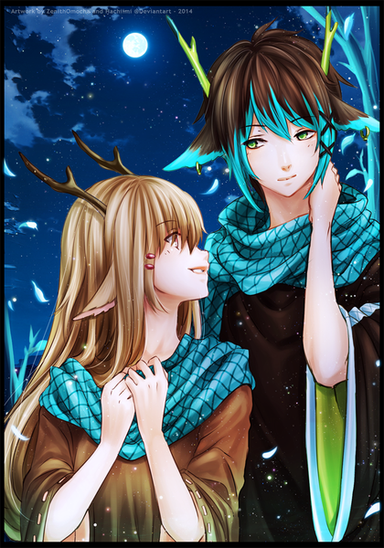 Anime picture 716x1023 with original zenithomocha hachiimi long hair tall image short hair smile brown hair standing brown eyes green eyes animal ears cloud (clouds) profile multicolored hair horn (horns) wind night mole wide sleeves