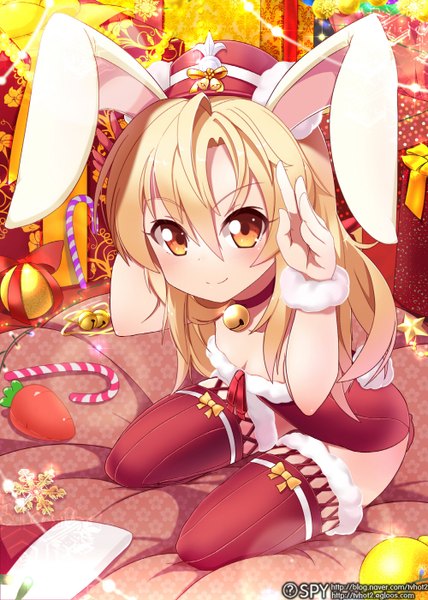 Anime picture 1000x1400 with sword girls tvhot2 single long hair tall image looking at viewer blush blonde hair smile animal ears orange eyes bunny ears bunny girl girl thighhighs hat bell jingle bell bunnysuit