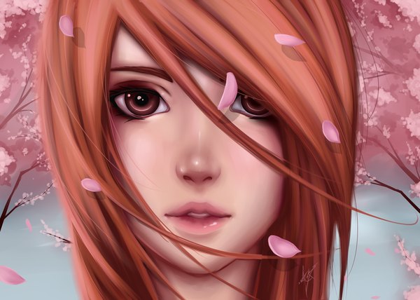 Anime picture 3500x2500 with zackargunov single long hair looking at viewer highres red eyes absurdres lips orange hair face girl petals
