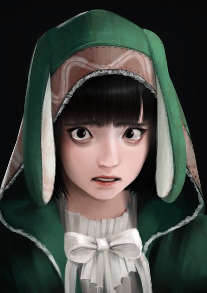 Anime picture 1920x2716 with dead by daylight feng min jubi (regiana) single tall image looking at viewer fringe highres short hair black hair parted lips black eyes lipstick black background portrait red lipstick animal hood scared girl hood