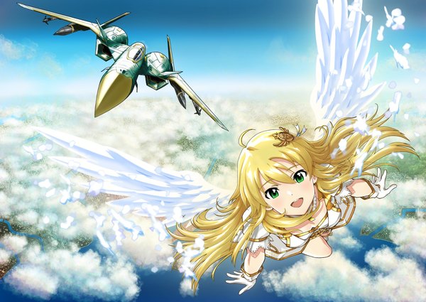 Anime picture 2048x1451 with idolmaster idolmaster (classic) ace combat hoshii miki me88228978 single long hair looking at viewer fringe highres breasts open mouth blonde hair smile hair between eyes green eyes sky cleavage cloud (clouds) full body