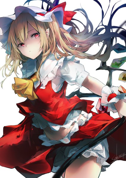 Anime picture 1116x1579 with touhou flandre scarlet sakusyo single long hair tall image looking at viewer simple background blonde hair red eyes white background signed pointy ears puffy sleeves girl skirt hat wings frills bonnet