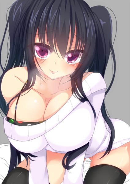 Anime picture 1041x1472 with original bloodcatblack (tsukiko) single long hair tall image blush breasts light erotic black hair smile large breasts purple eyes twintails girl thighhighs black thighhighs sweater dress