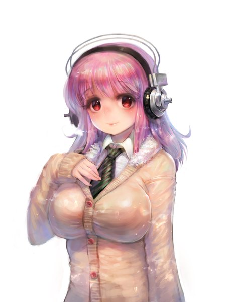 Anime picture 3000x4000 with nitroplus super sonico zonekiller10 single long hair tall image looking at viewer blush fringe highres breasts simple background smile red eyes large breasts white background pink hair hand on chest girl necktie