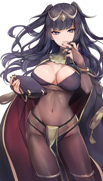 Anime picture 1166x2048 with fire emblem fire emblem awakening nintendo sarja kokouno oyazi single long hair tall image looking at viewer fringe breasts light erotic black hair simple background large breasts standing white background purple eyes cleavage blunt bangs
