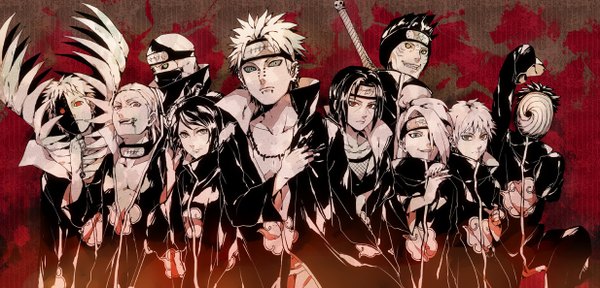 Anime picture 1234x593 with naruto studio pierrot naruto (series) uchiha itachi uchiha obito tobi deidara sasori pain (naruto) konan hidan deva path hoshigaki kisame kakuzu zetsu short hair open mouth blue eyes black hair blonde hair