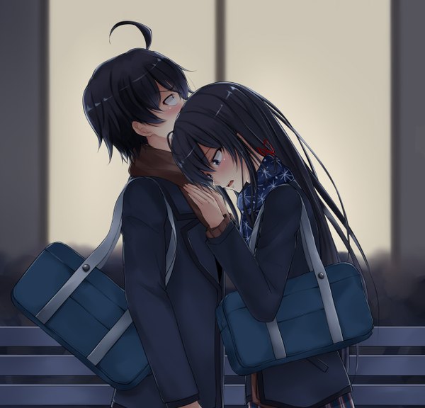 Anime picture 2600x2500 with yahari ore no seishun love comedy wa machigatteiru. brains base (studio) yukinoshita yukino hikigaya hachiman ponpon (ponpon62126) long hair blush highres short hair open mouth blue eyes black hair ahoge couple girl boy uniform school uniform scarf school bag