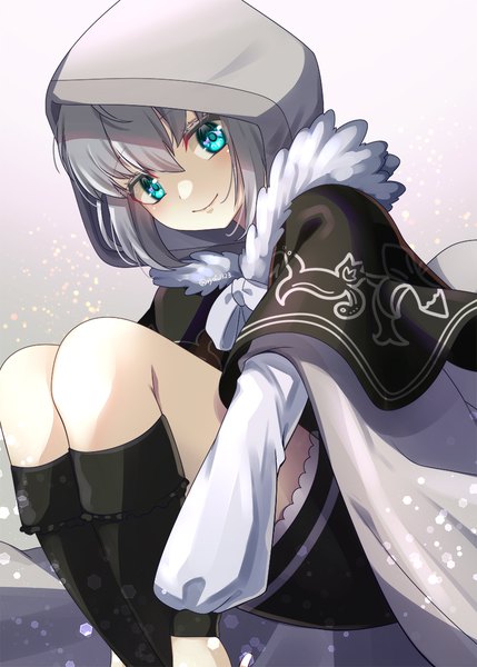 Anime picture 800x1120 with fate (series) lord el-melloi ii case files gray (fate) ryofuhiko single tall image looking at viewer fringe short hair blue eyes smile hair between eyes sitting silver hair girl hood mantle