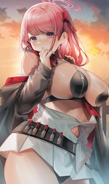 Anime picture 1859x3118 with blue archive eimi (blue archive) para3318 single long hair tall image looking at viewer fringe highres breasts light erotic large breasts standing pink hair sky cloud (clouds) outdoors pink eyes off shoulder sideboob
