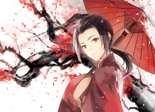 Anime picture 1345x970 with axis powers hetalia studio deen china (hetalia) uhouho14 single long hair looking at viewer black hair white background ahoge ponytail traditional clothes black eyes chinese clothes boy plant (plants) petals tree (trees) umbrella oriental umbrella
