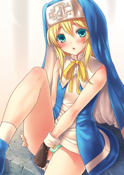Anime picture 849x1200 with guilty gear bridget (guilty gear) rokko single long hair tall image looking at viewer blush fringe open mouth light erotic blonde hair hair between eyes sitting payot bent knee (knees) aqua eyes :o pantyshot sleeveless