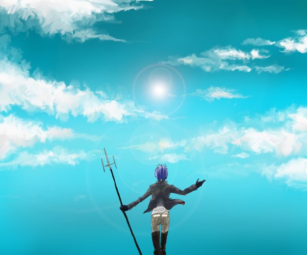 Anime picture 2079x1731 with katekyou hitman reborn rokudo mukuro maro (pixiv id355435) single highres short hair standing holding blue hair sky cloud (clouds) from behind boy gloves uniform weapon black gloves sun