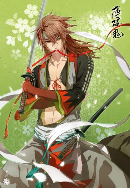 Anime picture 1235x1781 with hakuouki shinsengumi kitan studio deen okita souji (hakuouki) tennen single long hair tall image brown hair holding green eyes mouth hold hieroglyph ribbon in mouth boy ribbon (ribbons) weapon petals sword katana bandana