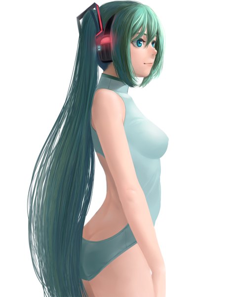 Anime picture 1240x1576 with vocaloid hatsune miku lasterk single tall image blue eyes simple background white background twintails very long hair green hair girl headphones bodysuit