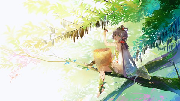 Anime picture 4096x2306 with vocaloid vocaloid china luo tianyi stuko single blush highres open mouth smile wide image sitting green eyes absurdres full body very long hair arm up hair flower grey hair hair rings insect wings