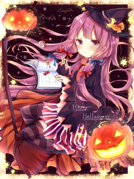Anime picture 1100x1466 with touhou patchouli knowledge misa (kaeruhitode) single long hair tall image blush purple eyes purple hair halloween girl thighhighs bow hair bow hat food sweets star (symbol) book (books) witch hat