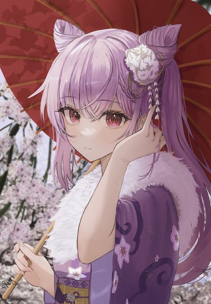 Anime picture 4157x6000 with genshin impact keqing (genshin impact) rega single long hair tall image looking at viewer fringe highres hair between eyes red eyes twintails absurdres purple hair upper body traditional clothes japanese clothes hair bun (hair buns) girl hair ornament