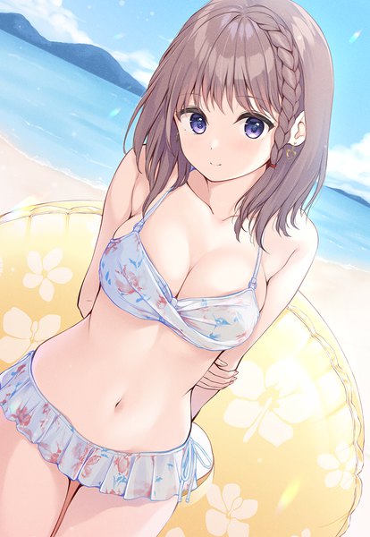 Anime picture 1104x1600 with original pasdar single tall image looking at viewer fringe short hair breasts light erotic brown hair standing purple eyes sky cloud (clouds) blunt bangs braid (braids) head tilt dutch angle lens flare side braid