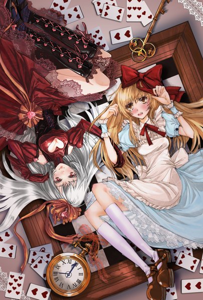Anime picture 1200x1777 with alice in wonderland alice (wonderland) queen of hearts wednesday (starsilver) long hair tall image blush blonde hair red eyes multiple girls brown eyes cleavage silver hair cleavage cutout lacing girl dress bow 2 girls hair bow