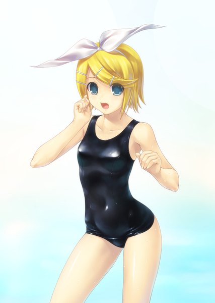 Anime picture 1280x1800 with vocaloid kagamine rin wacchi single tall image short hair open mouth light erotic blonde hair aqua eyes girl bow swimsuit hair bow