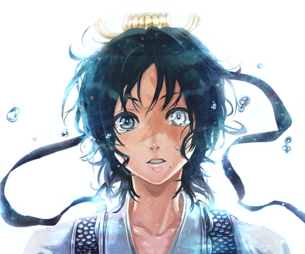 Anime picture 3400x2833 with magi the labyrinth of magic a-1 pictures ren hakuryuu natsu (pixiv 2662299) single highres short hair open mouth blue eyes black hair simple background white background absurdres mole tears mole under mouth boy hair ornament ribbon (ribbons) hair ribbon