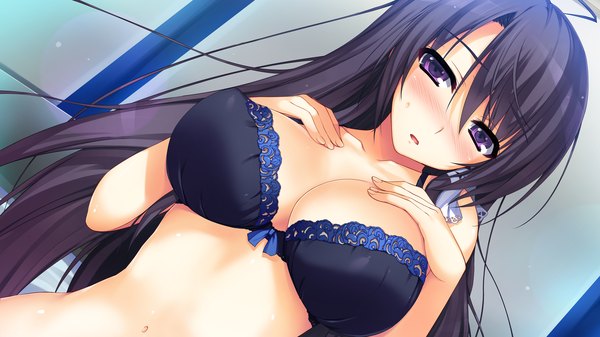 Anime picture 2560x1440 with reminiscence mizuno rin tomose shunsaku single long hair looking at viewer blush highres breasts open mouth light erotic black hair wide image large breasts game cg underwear only girl navel underwear