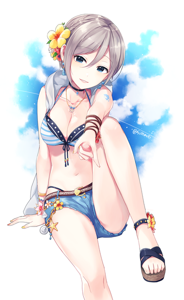 Anime picture 801x1300 with idolmaster idolmaster cinderella girls idolmaster cinderella girls starlight stage shiomi shuuko silltare single tall image looking at viewer short hair breasts blue eyes light erotic sitting signed sky cloud (clouds) head tilt hair flower grey hair arm support