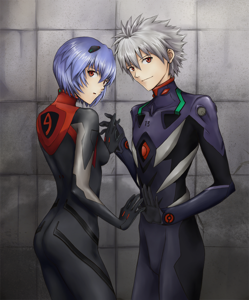 Anime picture 685x825 with neon genesis evangelion rebuild of evangelion evangelion: 3.0 you can (not) redo gainax ayanami rei nagisa kaworu bakeda tall image looking at viewer fringe short hair light erotic hair between eyes red eyes standing blue hair ass head tilt looking back grey hair