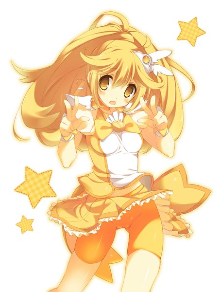 Anime picture 800x1058 with precure smile precure! toei animation kise yayoi cure peace enomoto hina single long hair tall image blush open mouth light erotic simple background blonde hair white background yellow eyes looking away ponytail victory magical girl