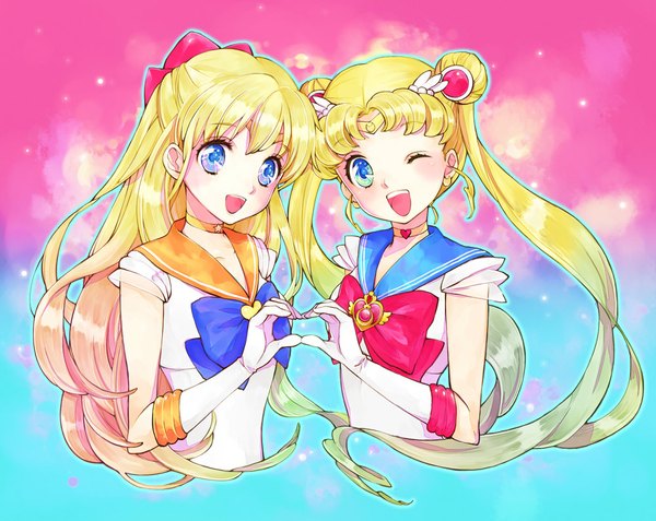 Anime picture 1000x796 with bishoujo senshi sailor moon toei animation tsukino usagi sailor moon aino minako sailor venus sami (3a3i3a3i) long hair open mouth blue eyes simple background blonde hair smile twintails multiple girls one eye closed wink happy half updo heart hands