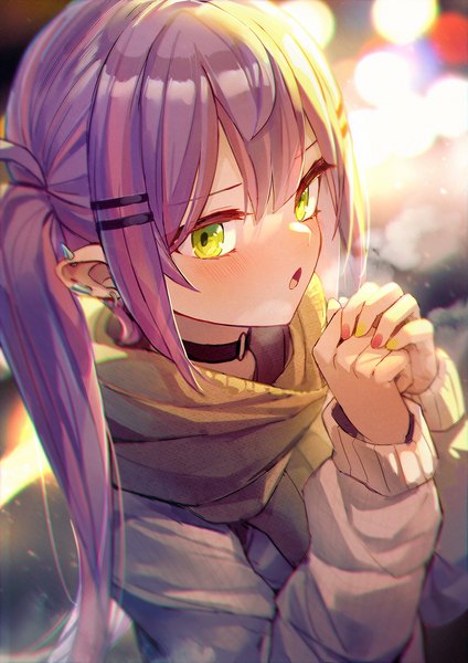 Anime picture 1400x1980 with virtual youtuber hololive tokoyami towa mr.lime single long hair tall image looking at viewer blush fringe open mouth twintails green eyes payot pink hair purple hair upper body outdoors long sleeves nail polish