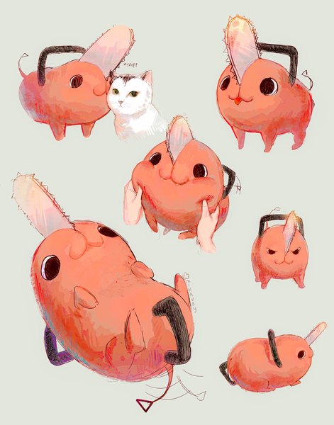 Anime picture 1608x2048 with chainsaw man mappa pochita (chainsaw man) meowy (chainsaw man) mikavvvi tall image simple background multiview no people cute animal cat creature