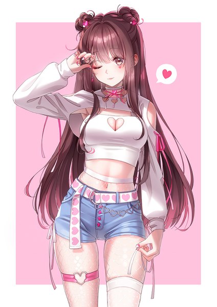Anime picture 877x1240 with original unjem single long hair tall image looking at viewer blush fringe breasts simple background smile brown hair standing brown eyes cleavage long sleeves nail polish one eye closed arm up fingernails