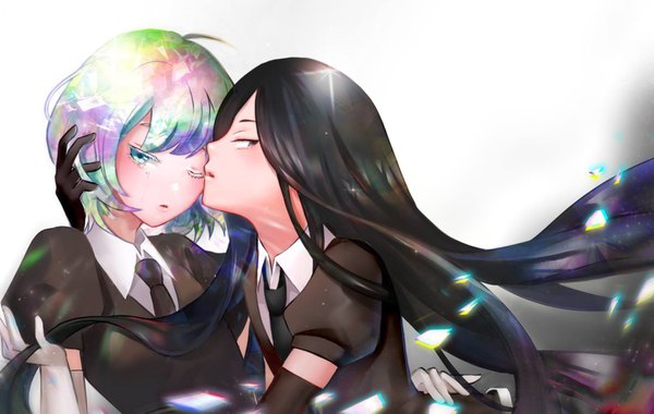 Anime picture 1467x931 with houseki no kuni diamond (houseki no kuni) bort antweiyi long hair looking at viewer short hair black hair simple background ahoge profile one eye closed multicolored hair aqua eyes black eyes sparkle puffy sleeves holding hair androgynous gloves