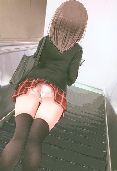 Anime picture 2057x2990 with original oouso (usotsukiya) single long hair tall image highres light erotic brown hair standing holding ass from behind scan from below dutch angle back plaid skirt skirt lift upskirt scan artifacts