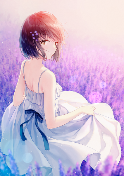 Anime picture 1000x1414 with original hiten (hitenkei) single tall image looking at viewer blush fringe short hair brown hair standing bare shoulders holding yellow eyes parted lips looking back hair flower from above from behind blurry depth of field