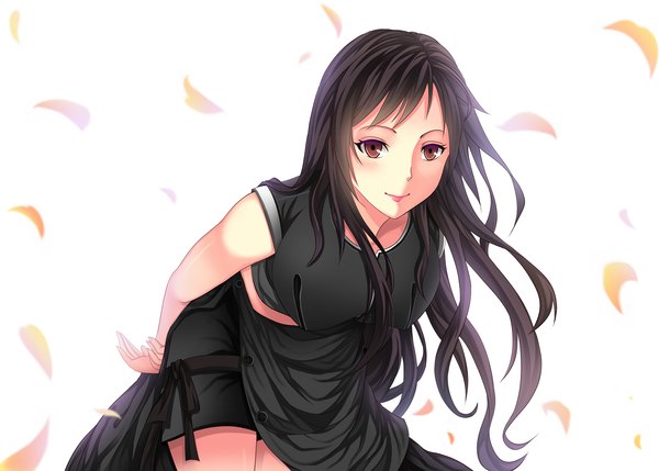 Anime picture 1600x1146 with final fantasy final fantasy vii square enix tifa lockhart roland-gin (gin-1994) single long hair blush fringe breasts black hair large breasts standing white background brown eyes wind leaning leaning forward sleeveless lipstick