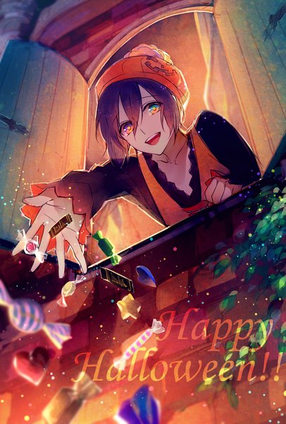 Anime picture 1181x1748 with original tayuya1130 single tall image looking at viewer fringe short hair open mouth brown hair from below happy halloween glow happy halloween girl plant (plants) food sweets candy chocolate