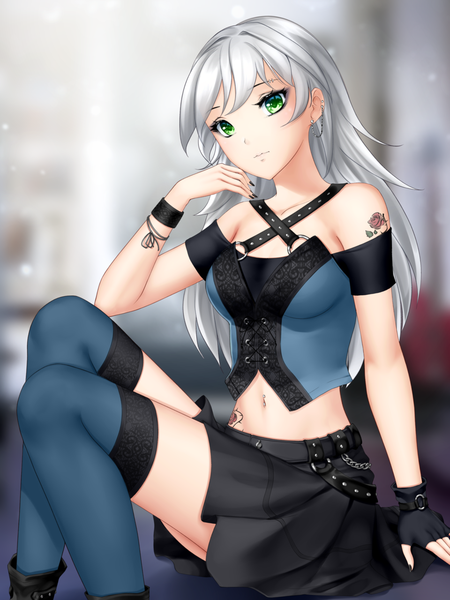 Anime picture 960x1280 with original gigamessy single long hair tall image looking at viewer blush fringe breasts sitting green eyes silver hair nail polish midriff tattoo depth of field piercing navel piercing eyebrow piercing girl