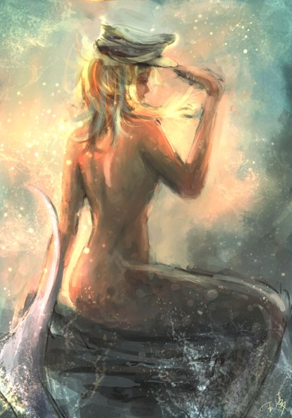 Anime picture 2100x3000 with original wlop single long hair tall image highres light erotic blonde hair sitting wind monster girl girl hat water sea mermaid