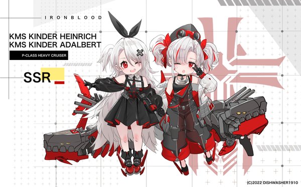 Anime picture 2501x1559 with azur lane prinz heinrich (azur lane) prinz adalbert (azur lane) dishwasher1910 looking at viewer blush fringe highres short hair open mouth simple background smile hair between eyes wide image standing white background twintails bare shoulders multiple girls signed