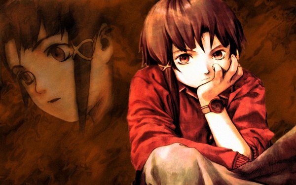 Anime picture 1680x1050 with serial experiments lain iwakura lain abe yoshitoshi single looking at viewer fringe short hair brown hair wide image sitting brown eyes looking away upper body parted lips chin rest brown background asymmetrical hair girl clock wristwatch