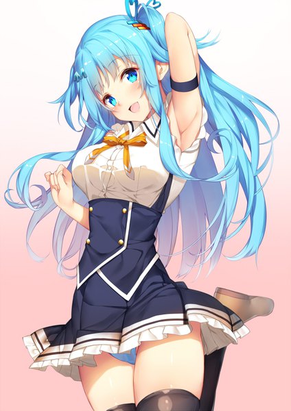 Anime picture 566x800 with original emori miku project emori miku yappen single long hair tall image blush fringe breasts open mouth blue eyes light erotic simple background smile large breasts blue hair ahoge :d arm up