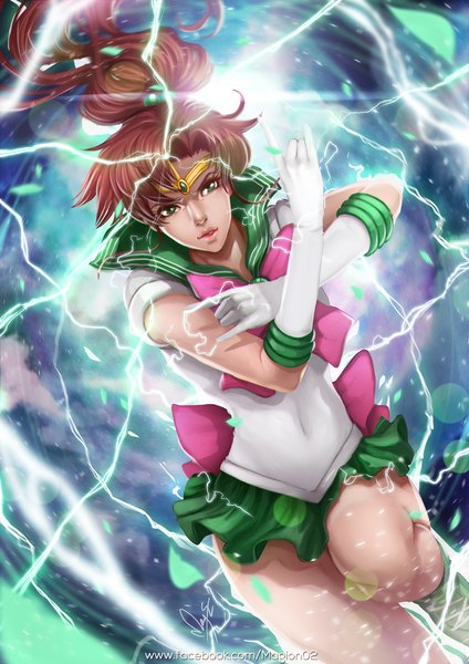 Anime picture 800x1131 with bishoujo senshi sailor moon toei animation kino makoto sailor jupiter magion02 single long hair tall image brown hair green eyes signed ponytail realistic magic fighting stance lightning girl gloves hair ornament elbow gloves