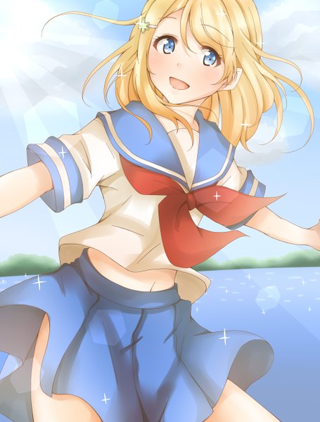 Anime picture 2050x2700 with love live! school idol project sunrise (studio) love live! ayase arisa nakawana single long hair tall image blush highres open mouth blue eyes blonde hair smile looking away sky cloud (clouds) sunlight sunbeam girl