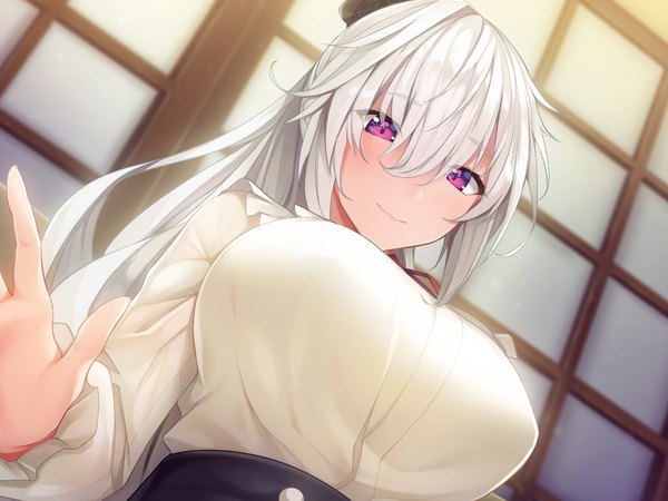 Anime picture 2048x1536 with maid-san no iru kurashi eve (meikura) yaman (yamanta lov) single long hair looking at viewer blush fringe highres breasts light erotic hair between eyes large breasts purple eyes payot game cg silver hair upper body ponytail indoors