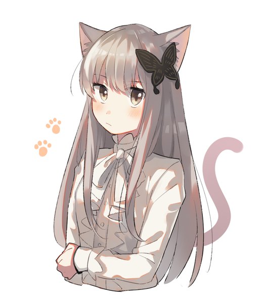 Anime picture 1020x1175 with bang dream! minato yukina unapoppo single long hair tall image looking at viewer blush fringe simple background white background brown eyes animal ears upper body tail long sleeves animal tail grey hair cat ears cat tail